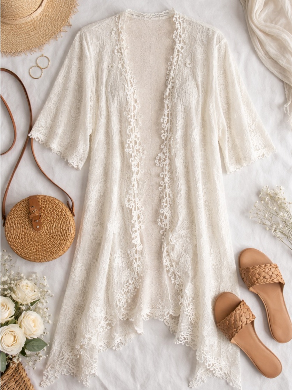 Italian Cotton Lace Duster Cardigan Large Boho White Open Front Kimono Bridal